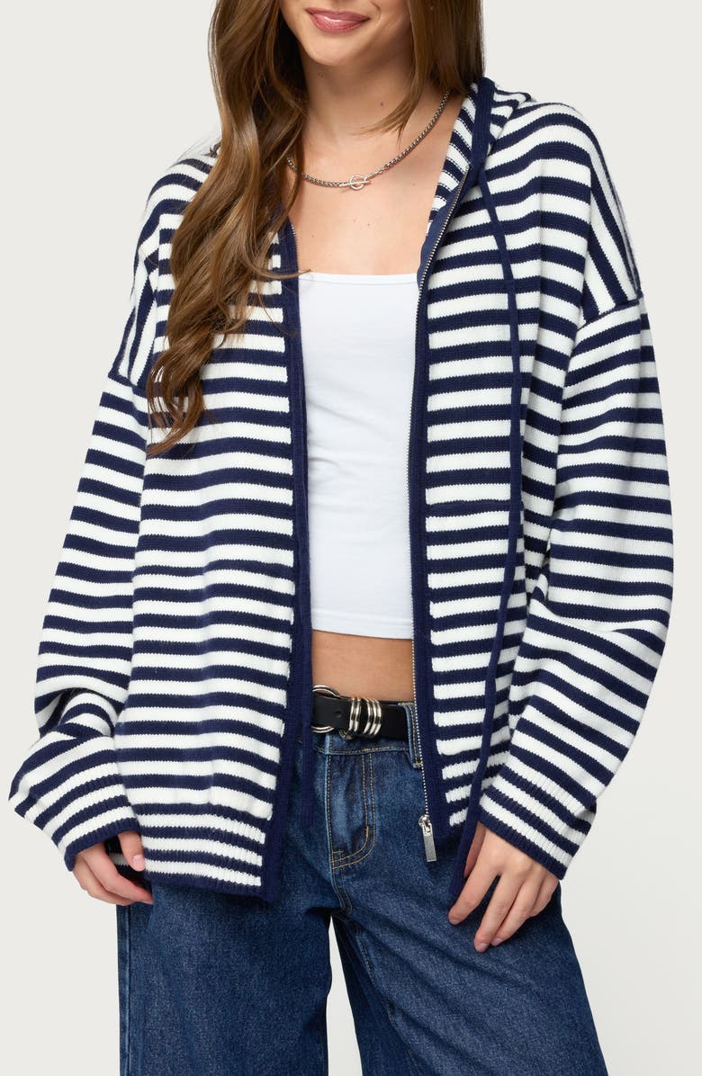 EDIKTED Safari Stripe Knit Zip Front Hoodie, Main, color, Navy-And-White