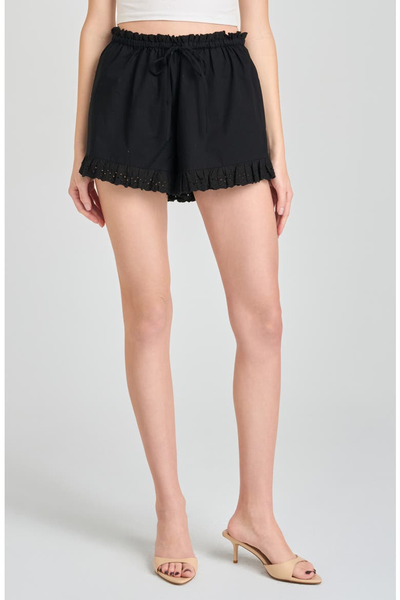 Helena Eyelet Ruffle Stretch Cotton Shorts, Main, color, BLACK
