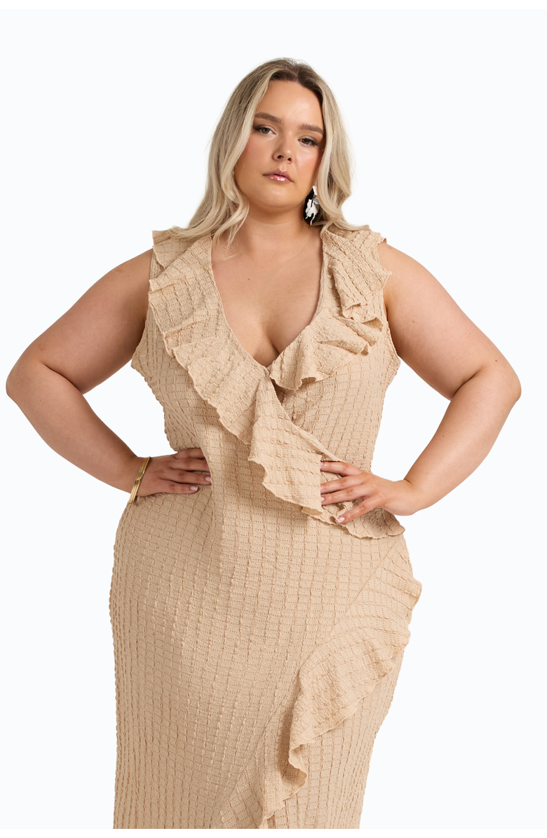 FASHION-SZN CURVE Ruffle Wrap Sleeveless Midi Dress, Alternate, color, Stone