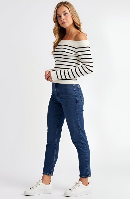 Modenaire Striped Off-the-shoulder Knit Long-sleeve Fitted Top In White