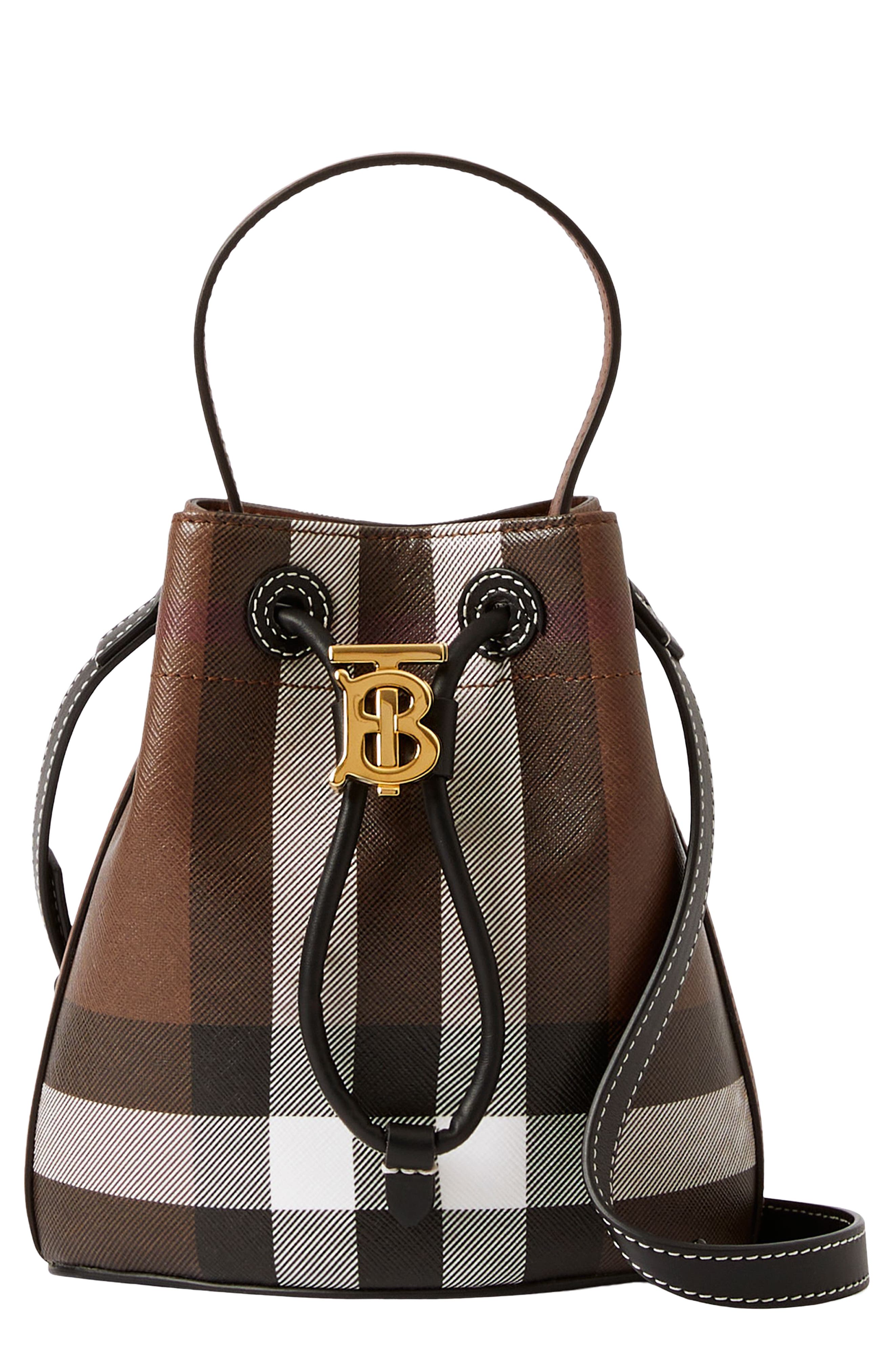 Burberry Mini Check Coated Canvas & Leather Bucket Bag, Main, color, 