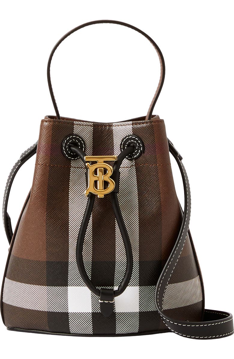 Burberry Mini Check Coated Canvas & Leather Bucket Bag, Main, color,