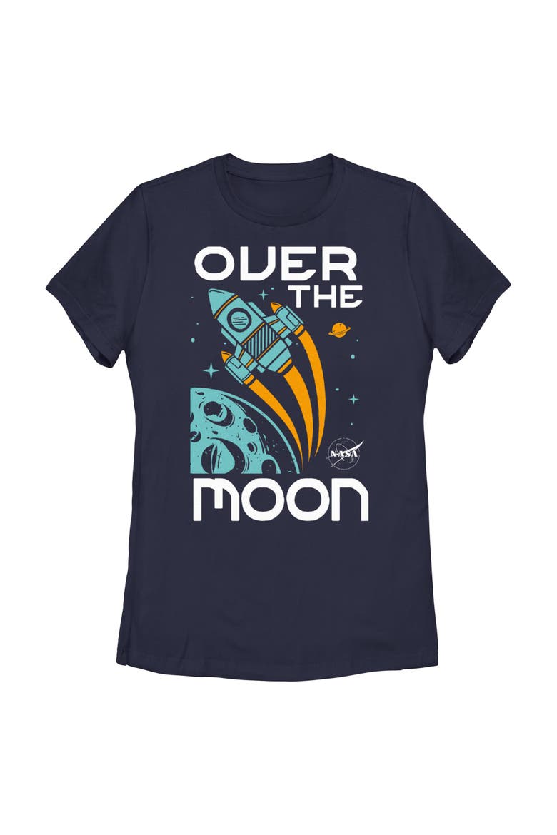 Junior's NASA Over the Moon Cartoon Spaceship  Graphic T-Shirt, Main, color, Navy Blue