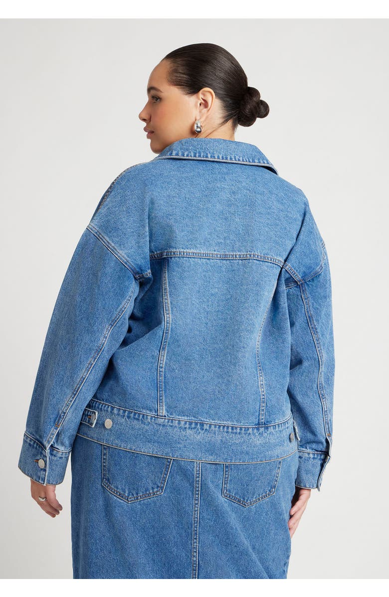 ELOQUII Denim Jacket With Cinched Waist, Alternate, color, Medium Wash