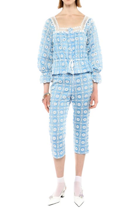 Lattice Lace Embroidery Capri Pants