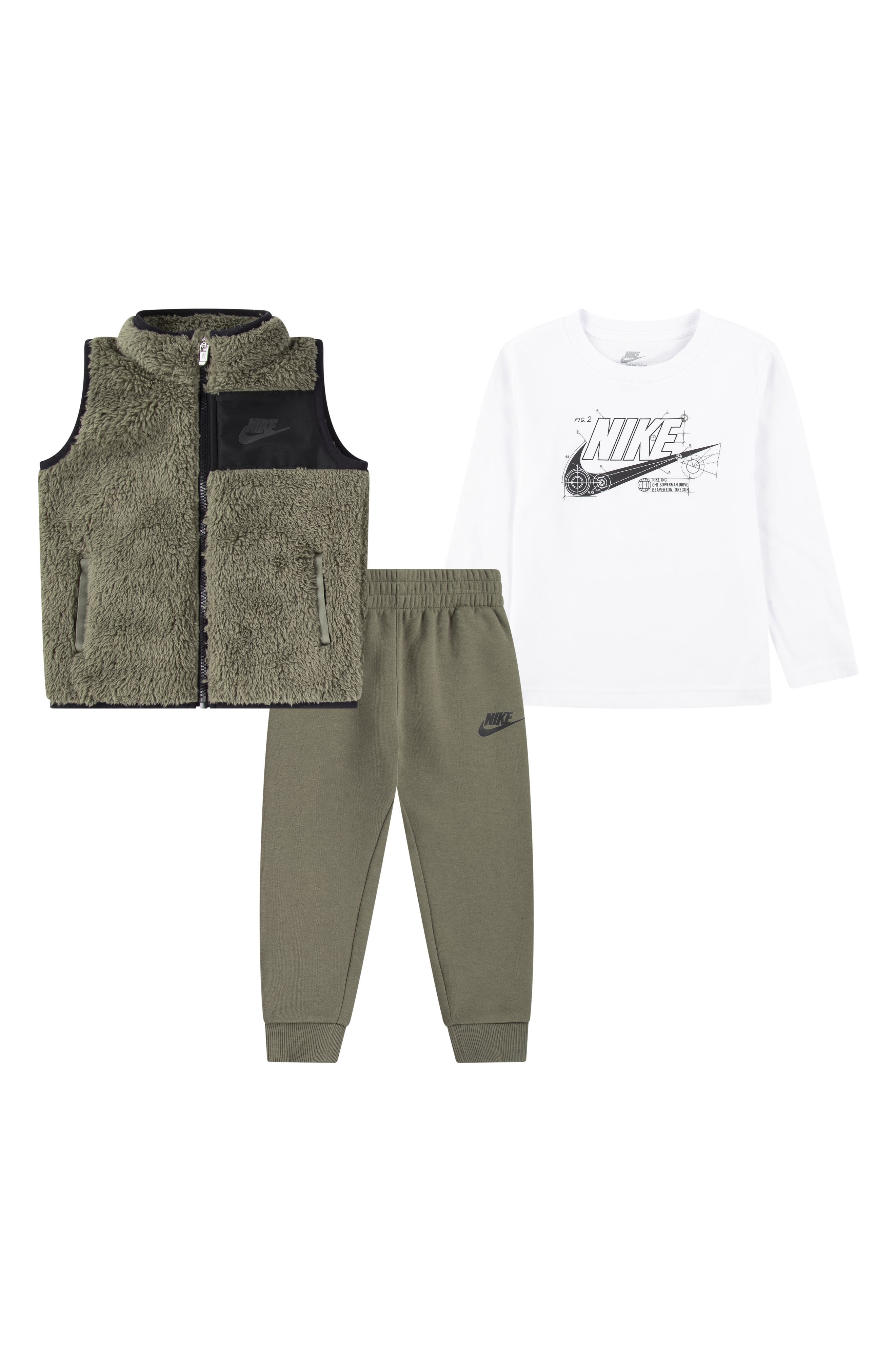 Nike Kids' Future Utility Faux Shearling Vest, Logo T-Shirt & Fleece Joggers Set