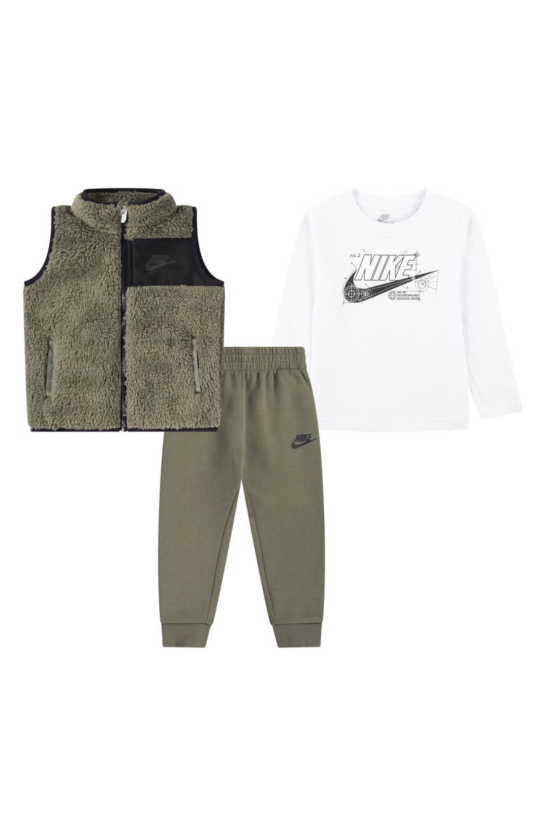 Nike Kids' Future Utility Faux Shearling Vest, Logo T-Shirt & Fleece Joggers Set, Main, color, Dark Stucco