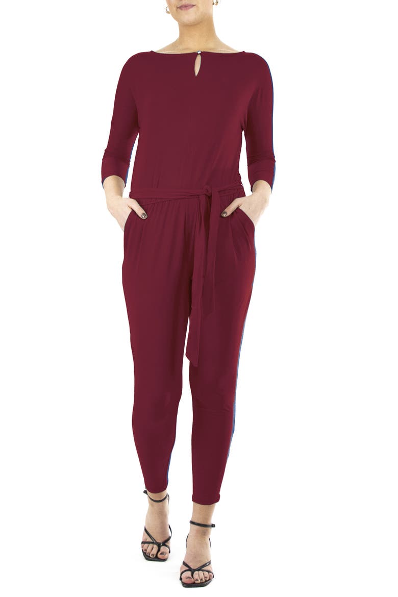 Three-Quarter Length Sleeve Waist Tie Jumpsuit, Main, color, WINE