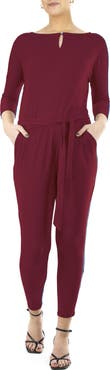 Nina Leonard Three-Quarter Length Sleeve Waist Tie Jumpsuit