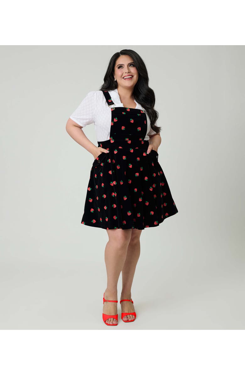 Unique Vintage Plus Size Brionne Pinafore Skirt, Main, color, Black W/ Strawberries