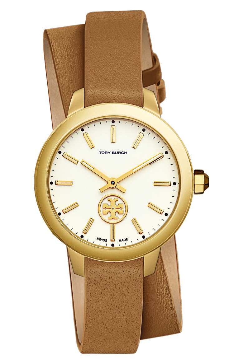 Collins Double Wrap Leather Strap Watch, 38mm, Main, color, LUGGAGE/ CREAM/ GOLD