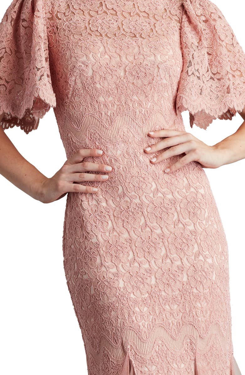 Tadashi Shoji Flutter Sleeve Corded Lace Trumpet Gown, Alternate, color, 