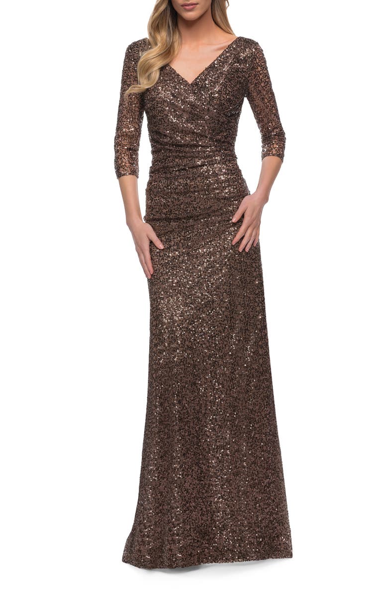 La Femme Three-Quarter Sleeve Sequin Dress with Ruching, Alternate, color, Bronze