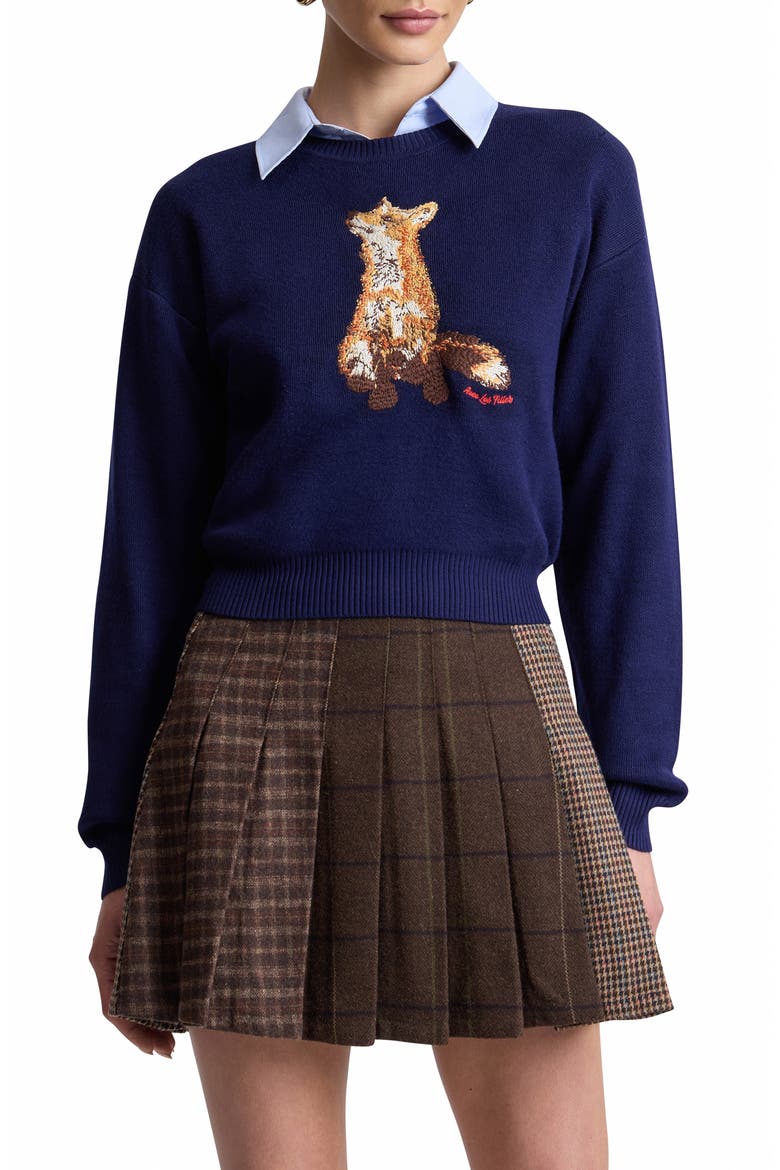 Fox Embroidered Crewneck Sweater, Main, color, NAVY FOX