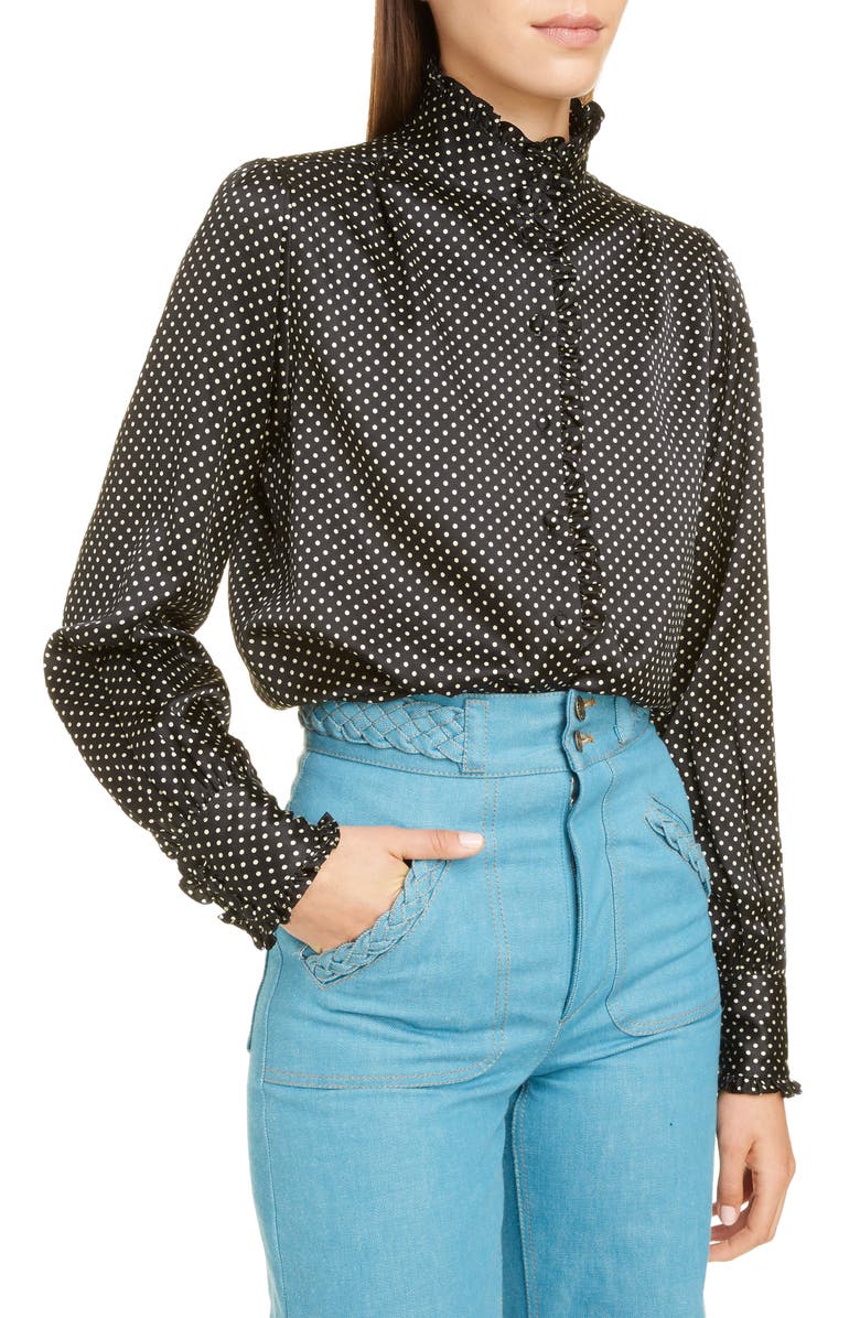 Runway Marc Jacobs Ruffle Trim Polka Dot Silk Blouse, Alternate, color,