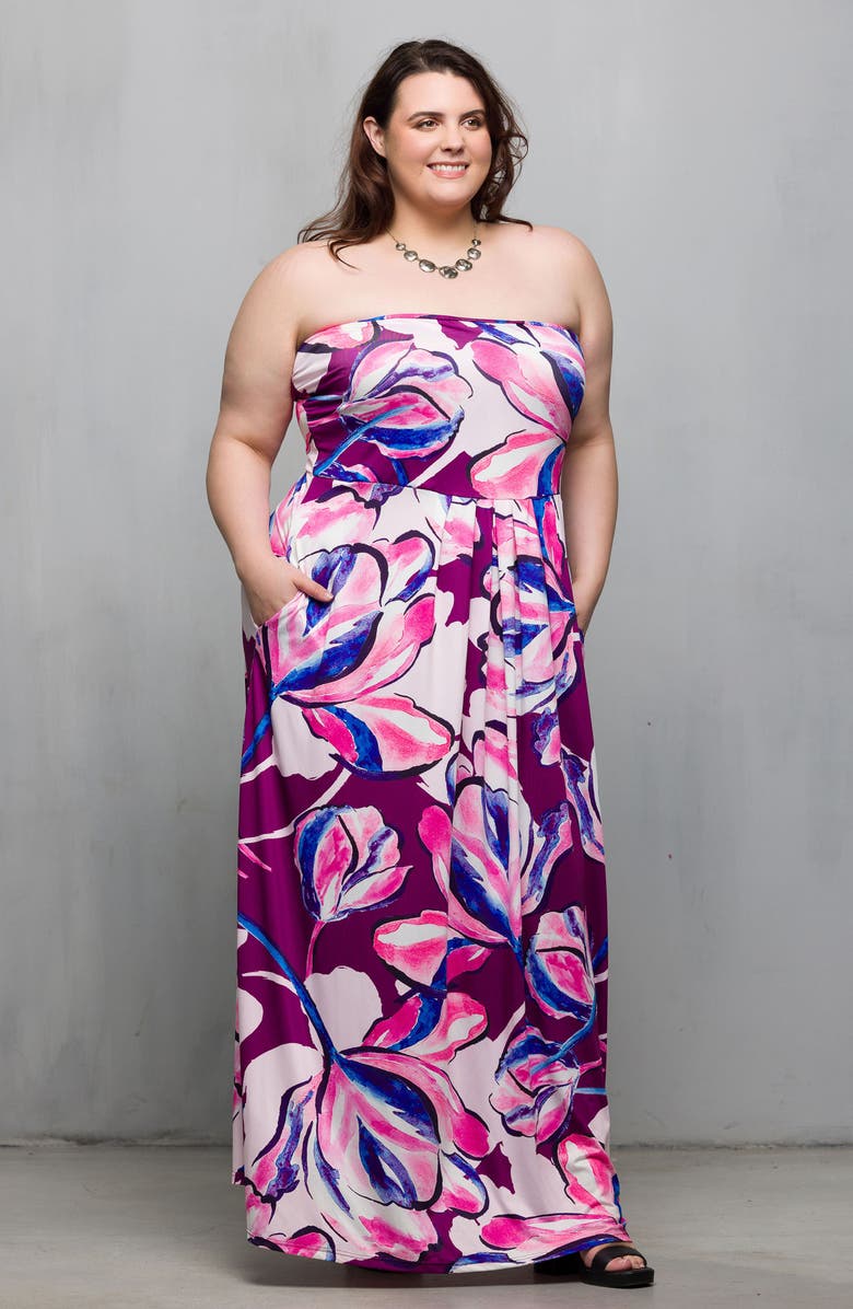 24seven Comfort Apparel Floral Strapless Knit Maxi Dress, Alternate, color,