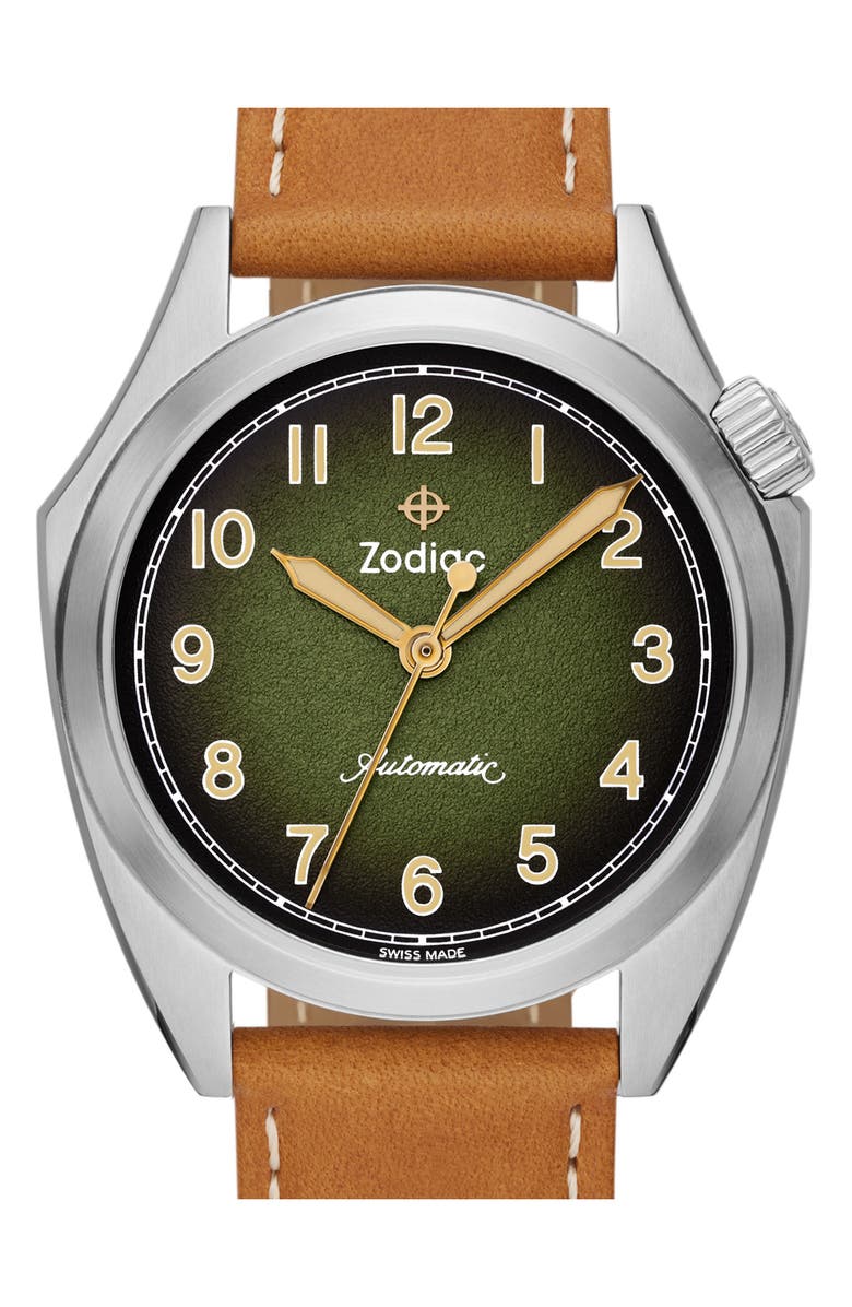 Zodiac Field Olympos Automatic Leather Strap Watch, 40mm, Alternate, color, 