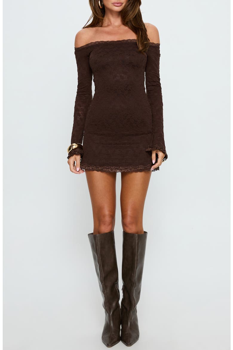 Avenues Off the Shoulder Long Sleeve Lace Minidress, Main, color, CHOCOLATE
