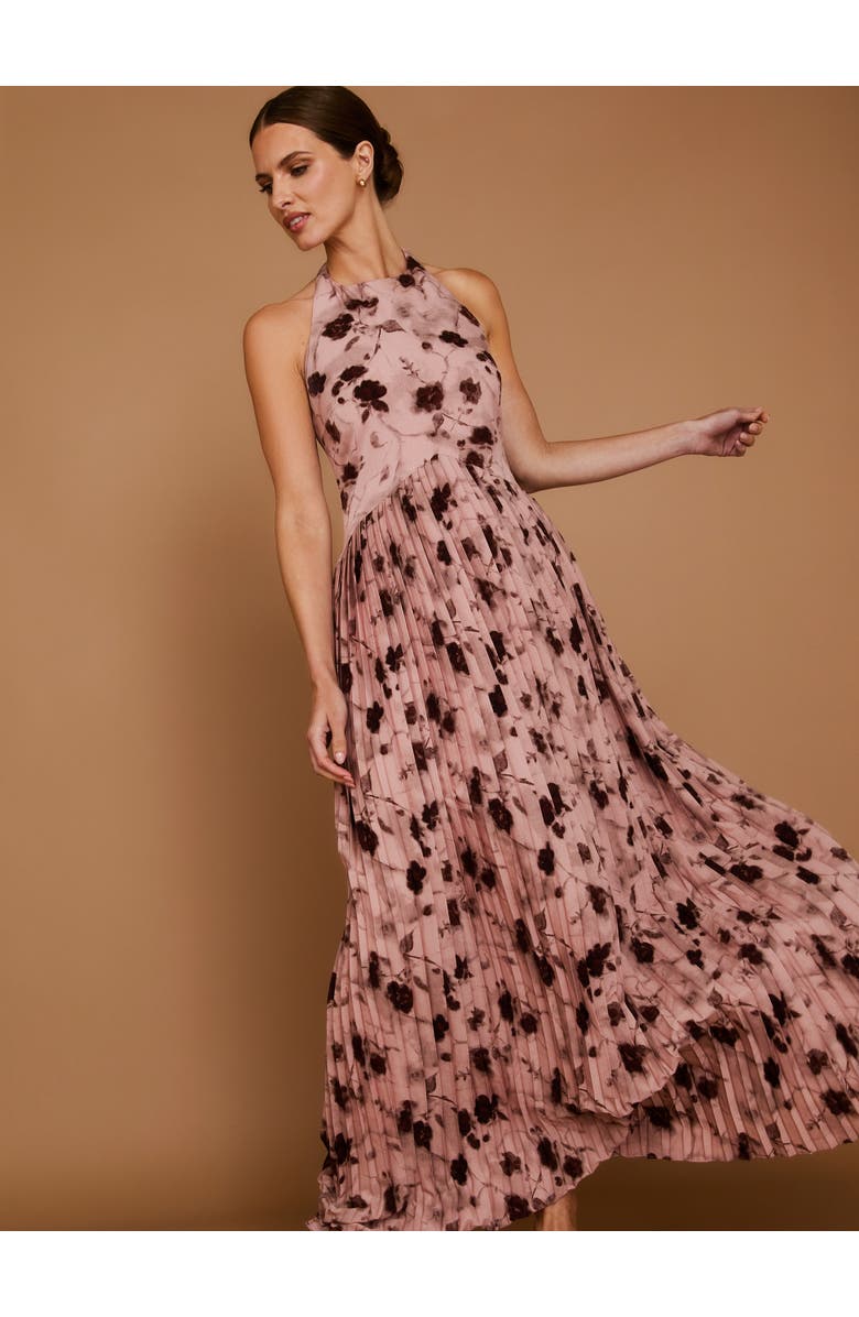 Six Stories Floral Halter Pleated Ruffle Maxi Dress, Alternate, color, Dusky Pink