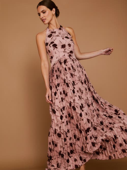 Six Stories Floral Halter Pleated Ruffle Maxi Dress In Pink