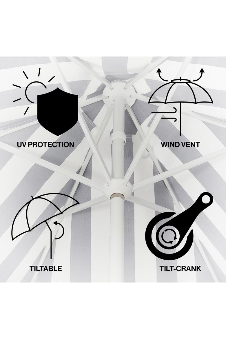 Collins Bohemian Fringe Outdoor Patio Umbrella with Crank Lift and Tilt, Scalloped UV-Resistant Canopy, Aluminum Pole, Alternate, color, Navy/White - White Pole
