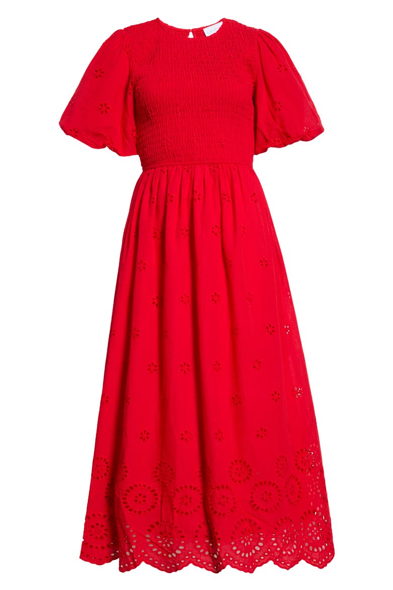 Deana Eyelet Smocked Midi Dress, Alternate, color, RED