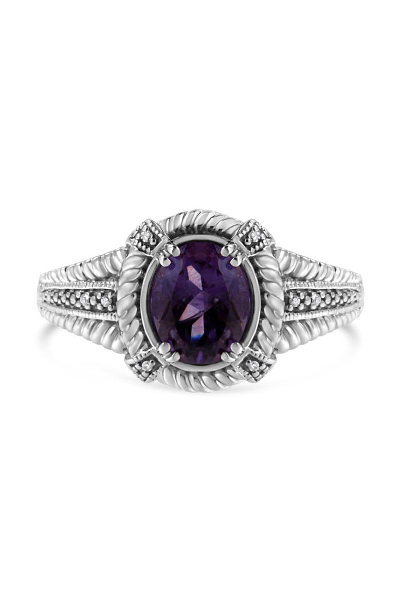 Silver 9X7 Oval MM Purple Amethyst Solitaire and Diamond Accent Ring, Main, color, White