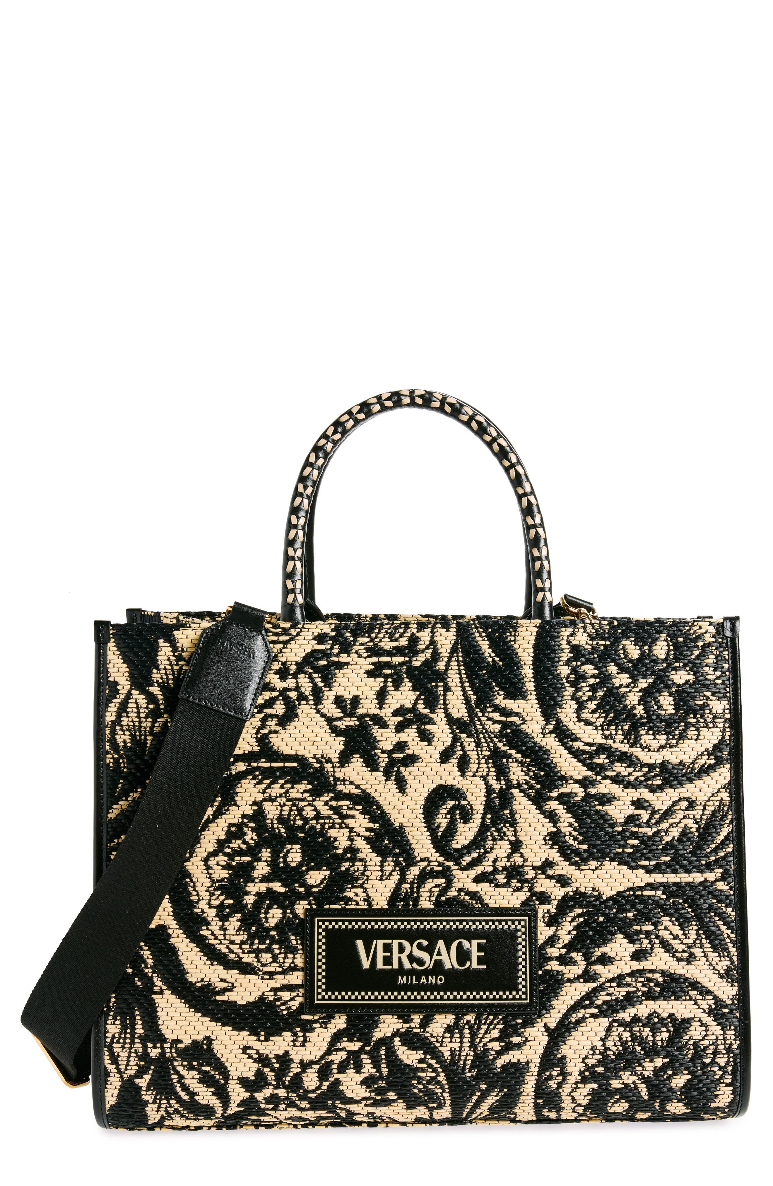Versace Large Barocco Floral Raffia Tote, Main, color, 
