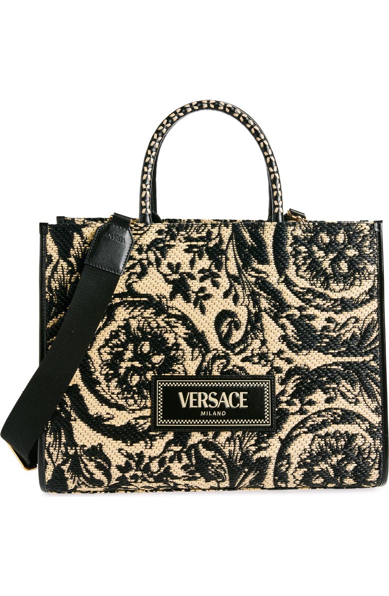 Versace Large Barocco Floral Raffia Tote, Main, color,