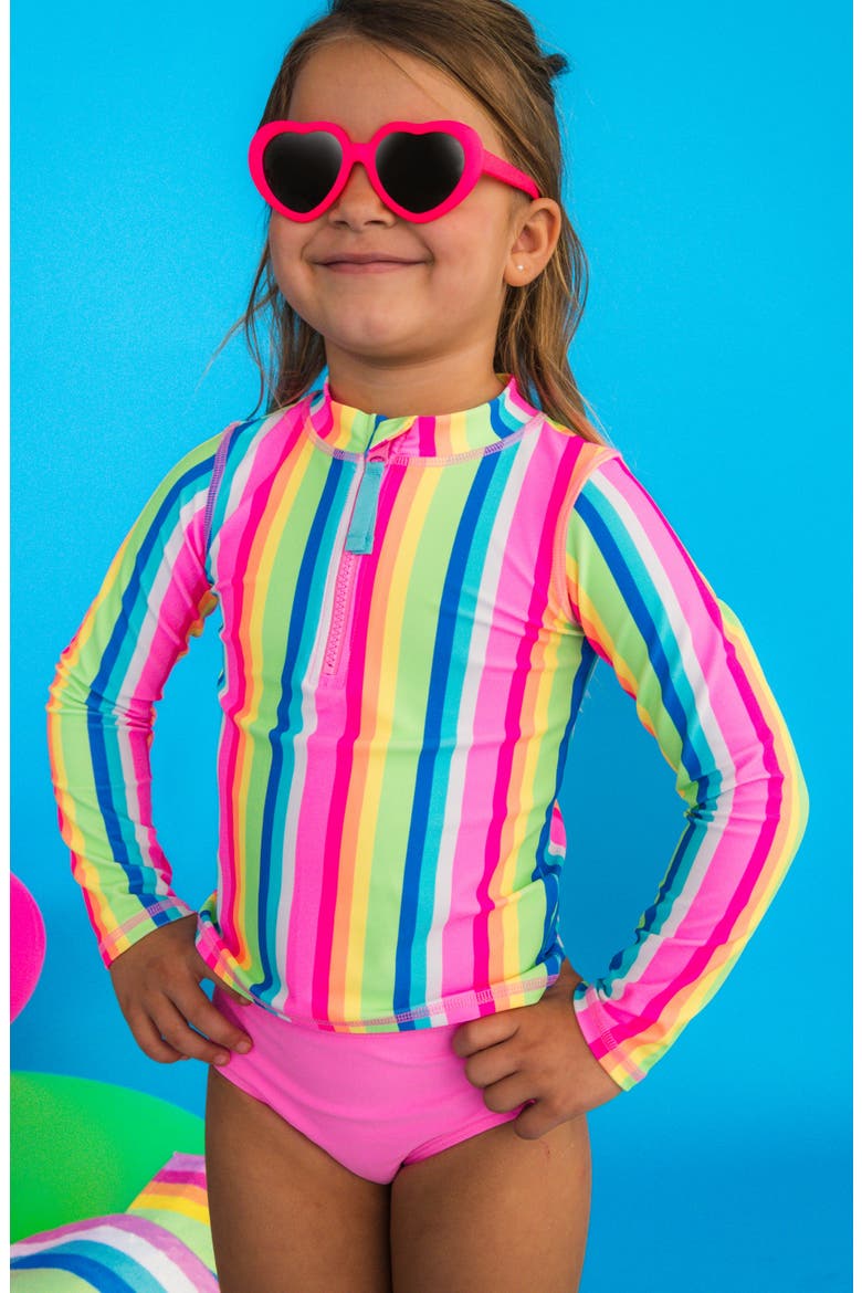 Kids' Long Sleeve Ruffle Hem Two-Piece Rashguard Swimsuit, Alternate, color, PINK MULTI