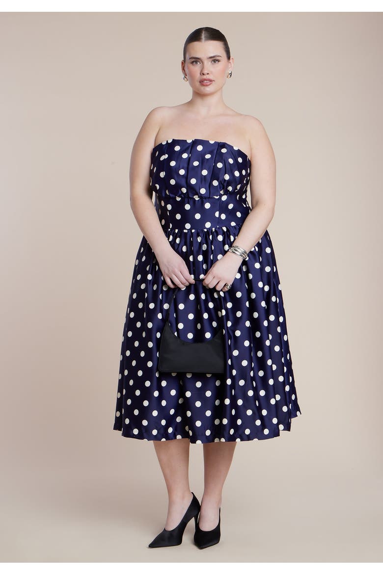 Strapless Polka Dot Flare Midi Dress, Alternate, color, EVENING DOT