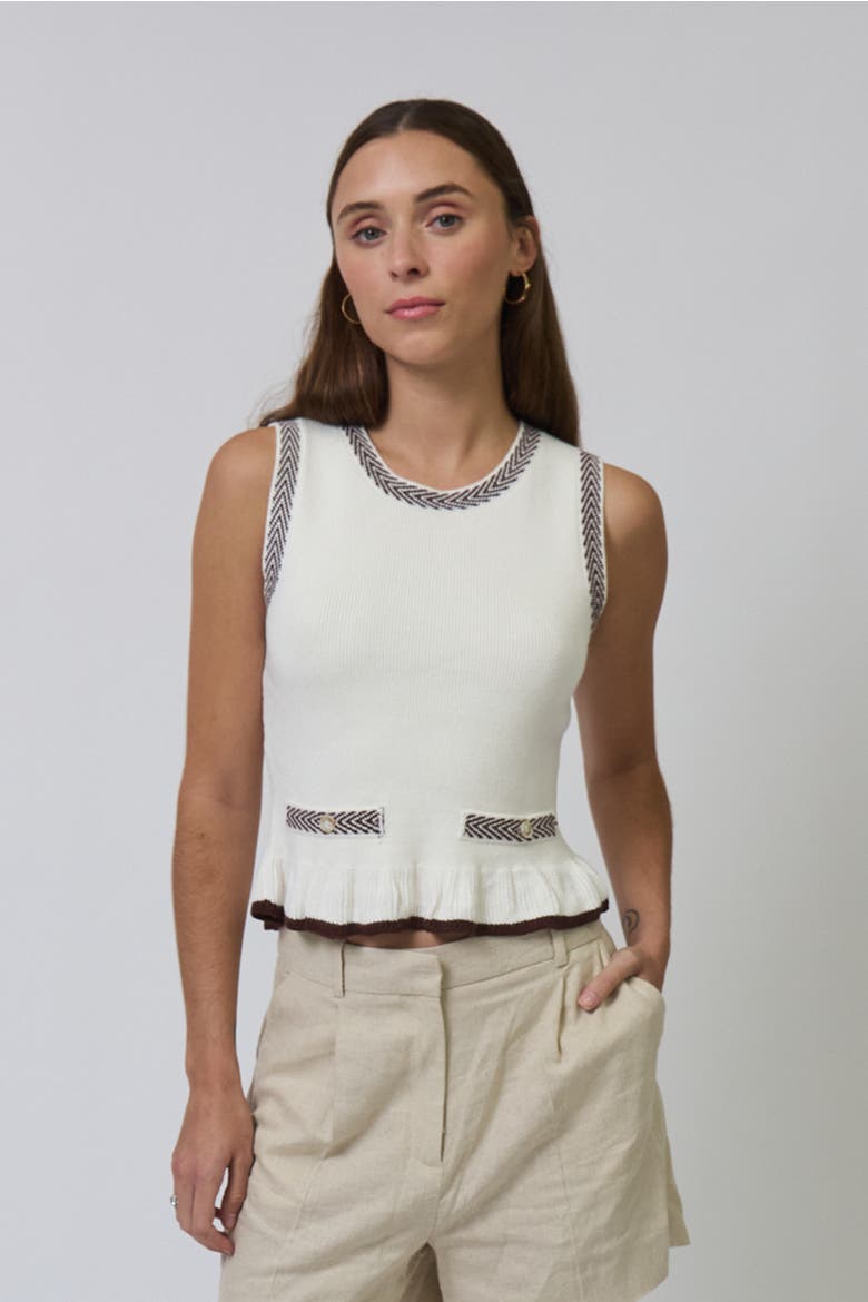 Chloe Ruffle Hem Mixed Herringbone Shell, Main, color, IVORY/BROWN