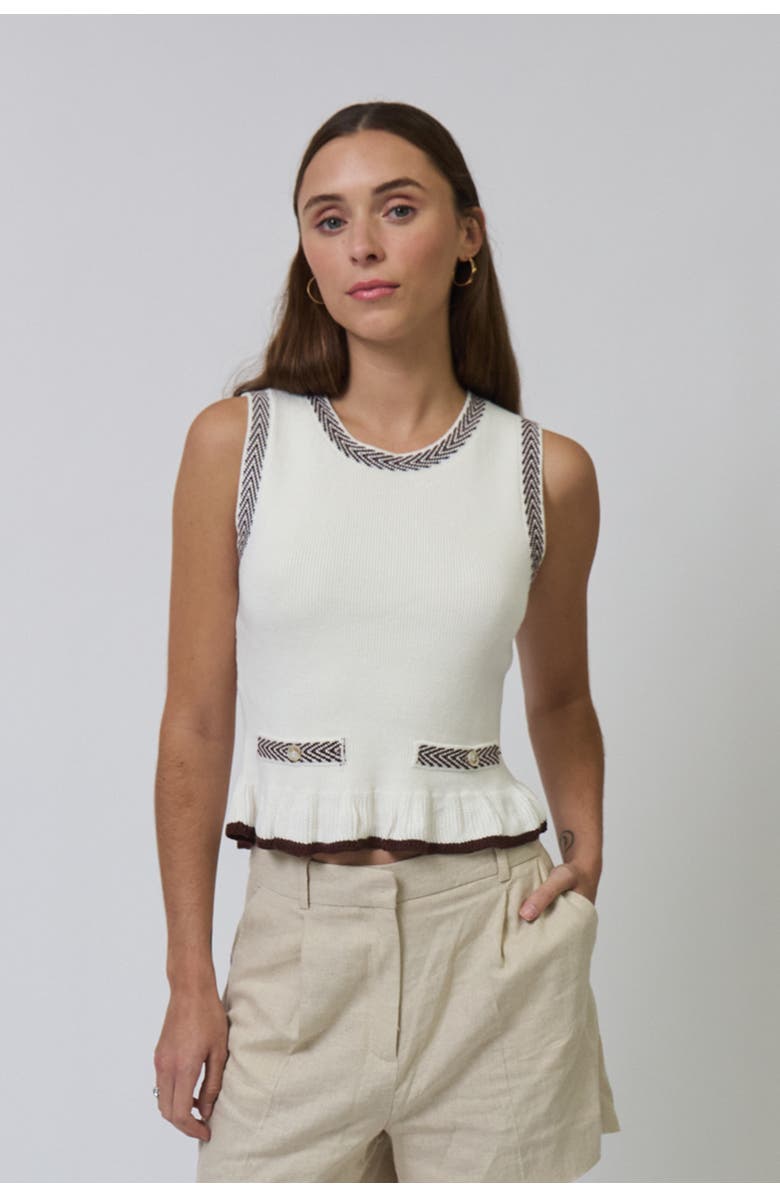 Central Park West Chloe Ruffle Hem Mixed Herringbone Shell, Main, color, Ivory/Brown