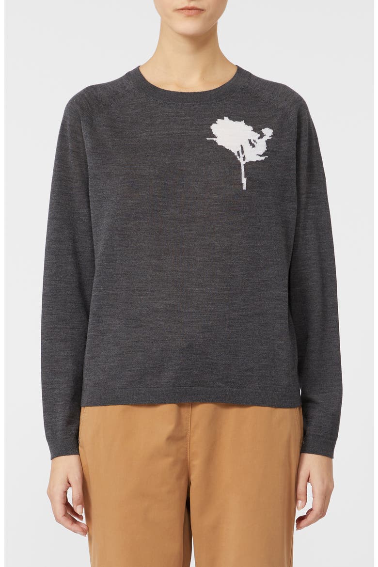 Paco Intarsia Flower Virgin Wool Crewneck Sweater, Main, color, DARK GREY