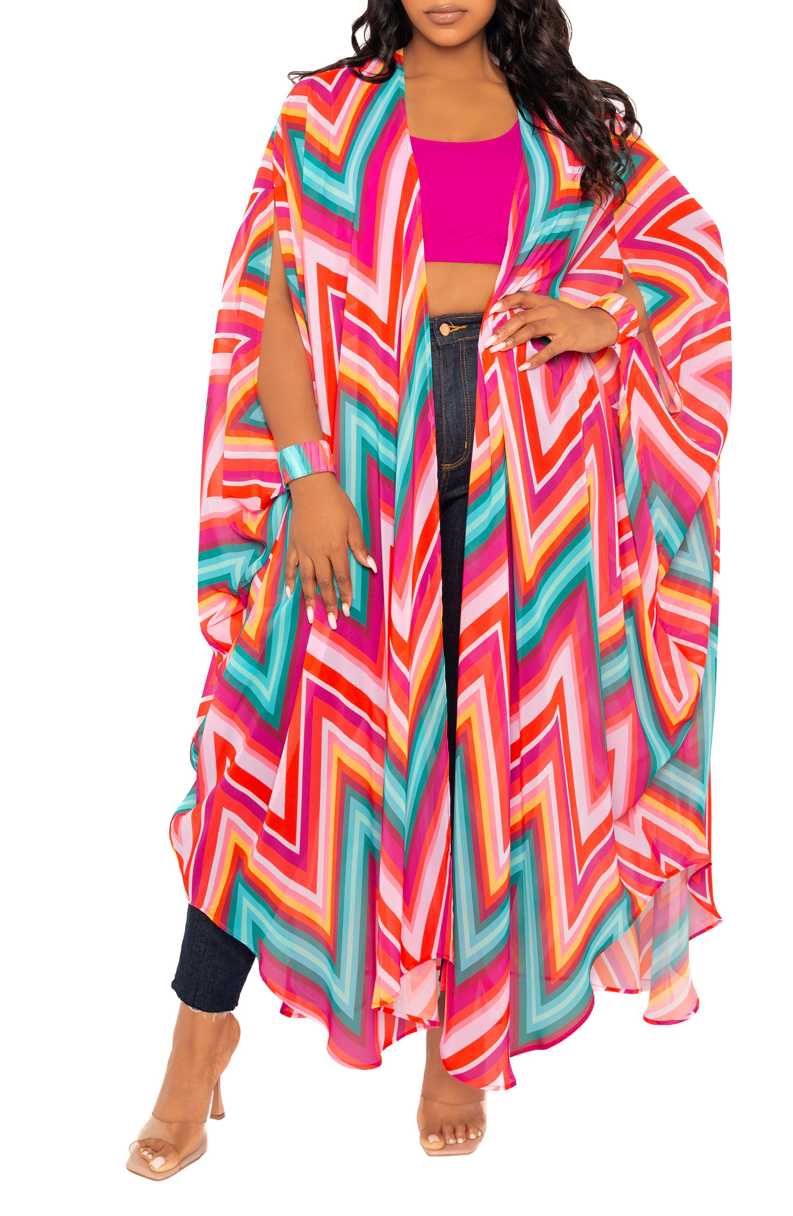 BUXOM COUTURE Chevron Print Chiffon Robe with Wrist Bands in Pink Multi 