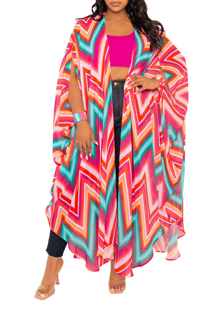 Chevron Print Chiffon Robe with Wrist Bands, Main, color, PINK MULTI