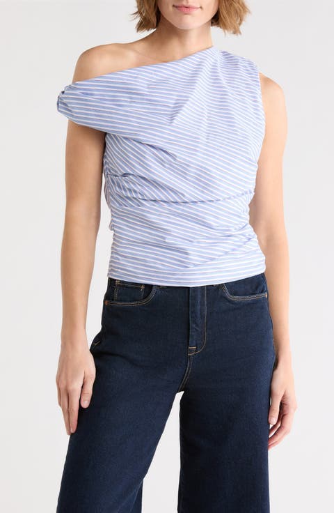 Stripe One-Shoulder Poplin Top