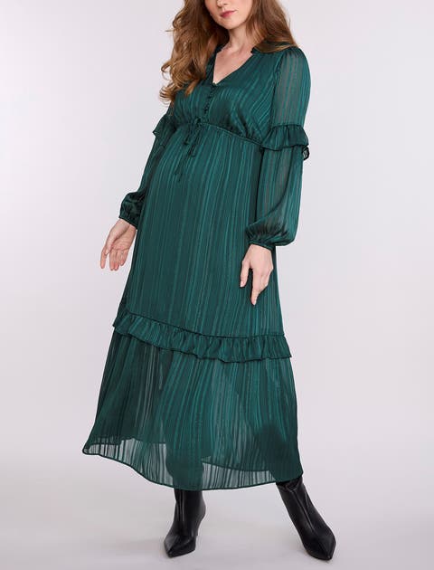 V-Neck Long Sleeve Tiered Maxi Dress