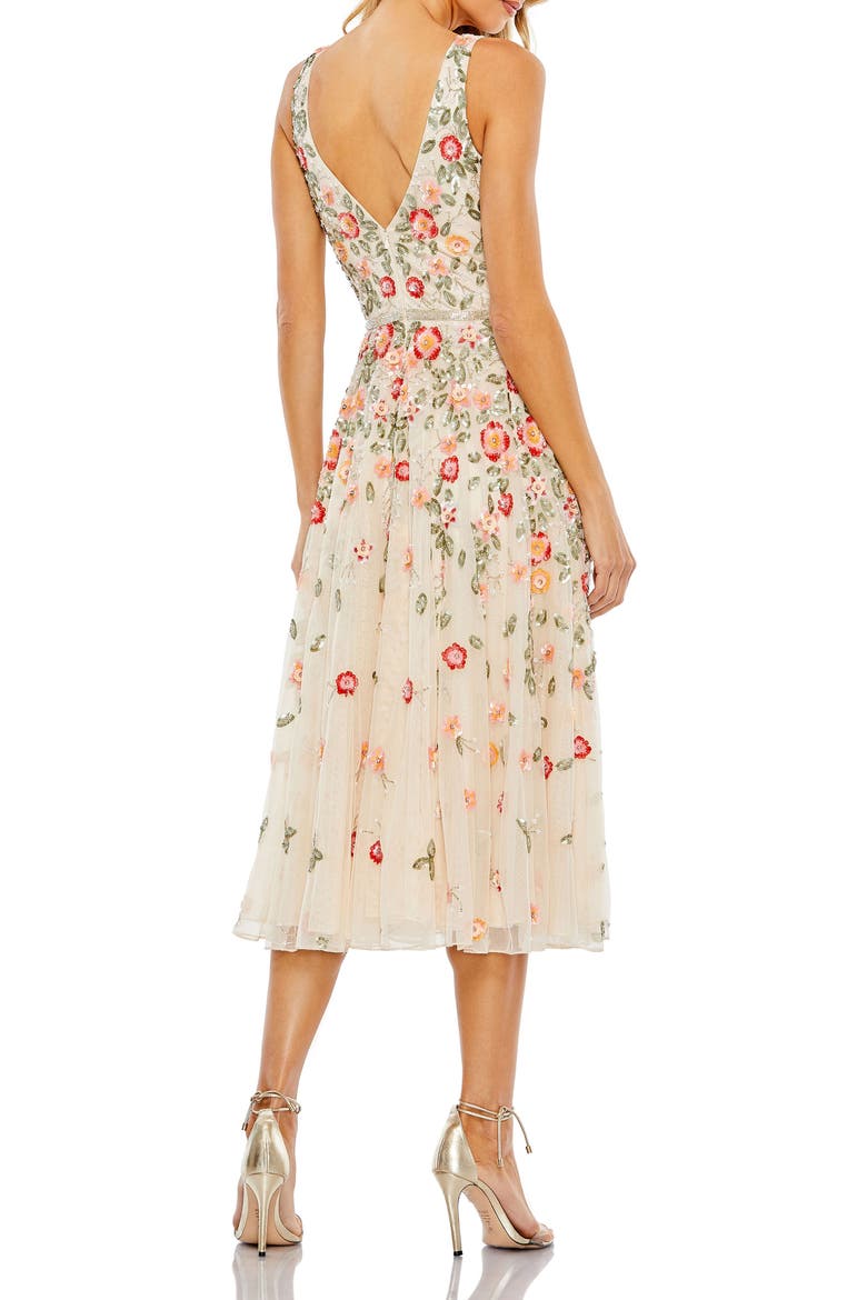 V-neck Sleeveless Midi Floral Beaded A-line Dress, Alternate, color, NUDE MULTI