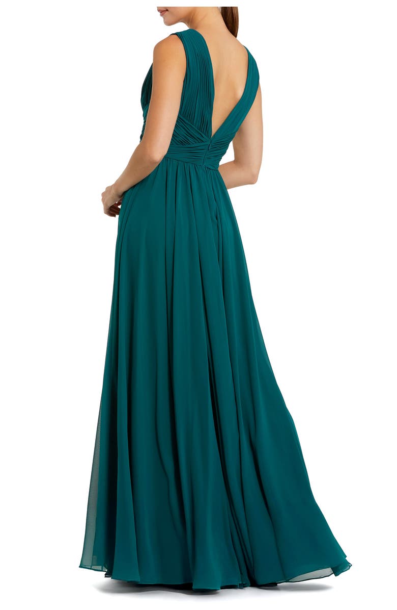 Mac Duggal Sleeveless Ruched V Neck Chiffon Gown, Alternate, color, Teal