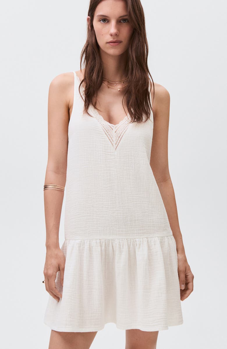 MANGO TEEN Lace Ruffle Hem Cotton Minidress, Alternate, color, Off White