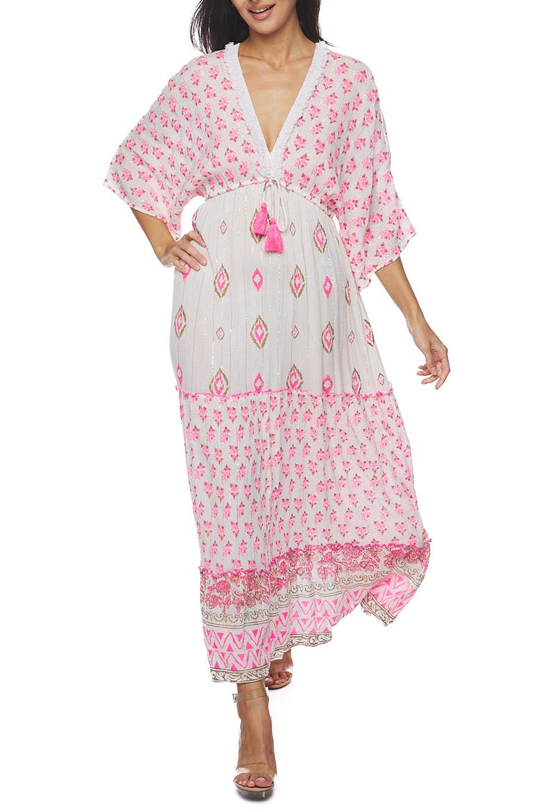 Plunge Three-Quarter Sleeve Maxi Dress, Main, color, PINK