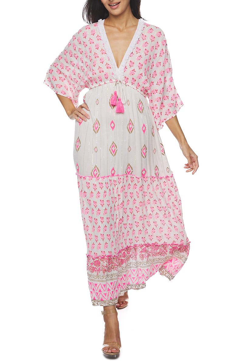 RANEES Plunge Three-Quarter Sleeve Maxi Dress, Main, color, Pink