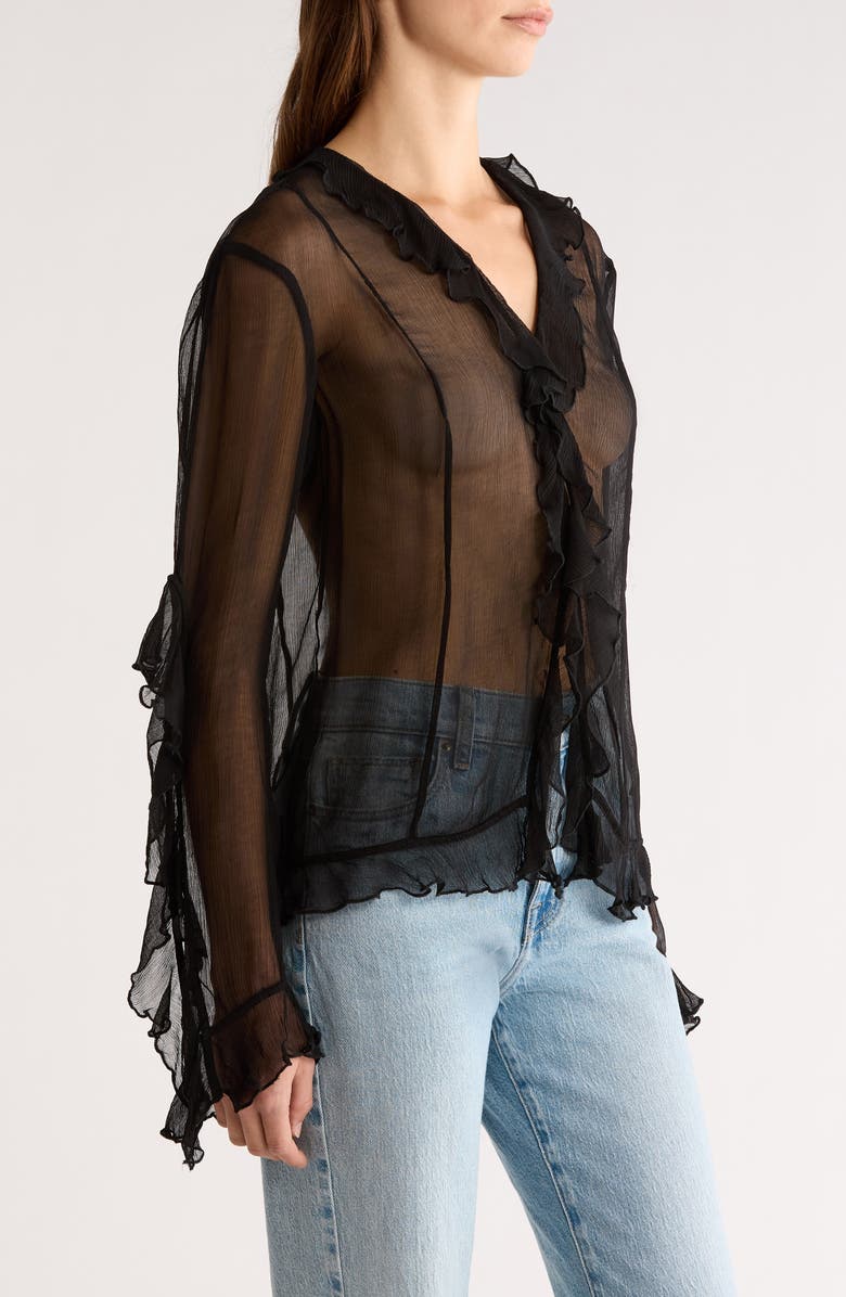 STAUD Kellcy Sheer Ruffle Sleeve Top, Alternate, color, Black