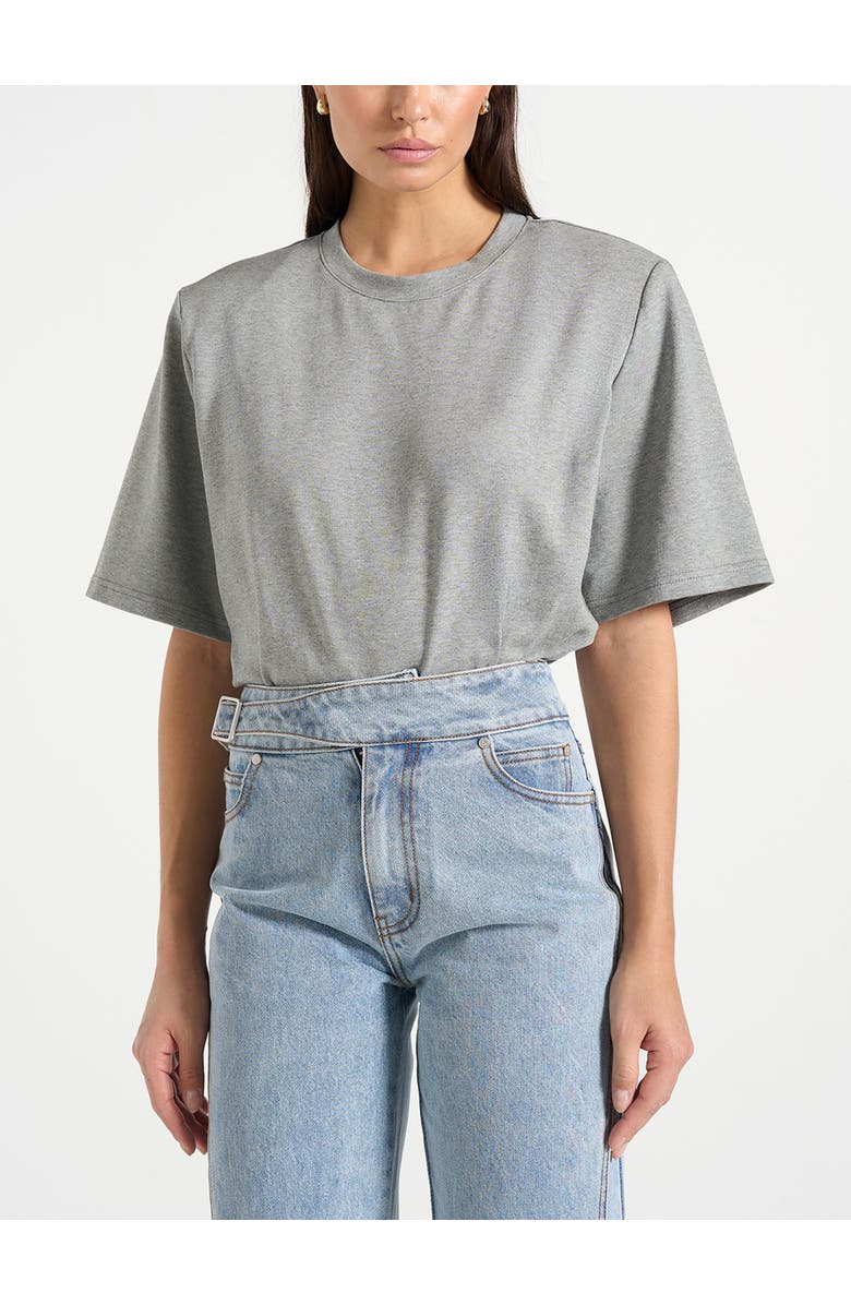 Manière De Voir Mia Wide Shoulder Bodysuit T-Shirt, Main, color, Grey