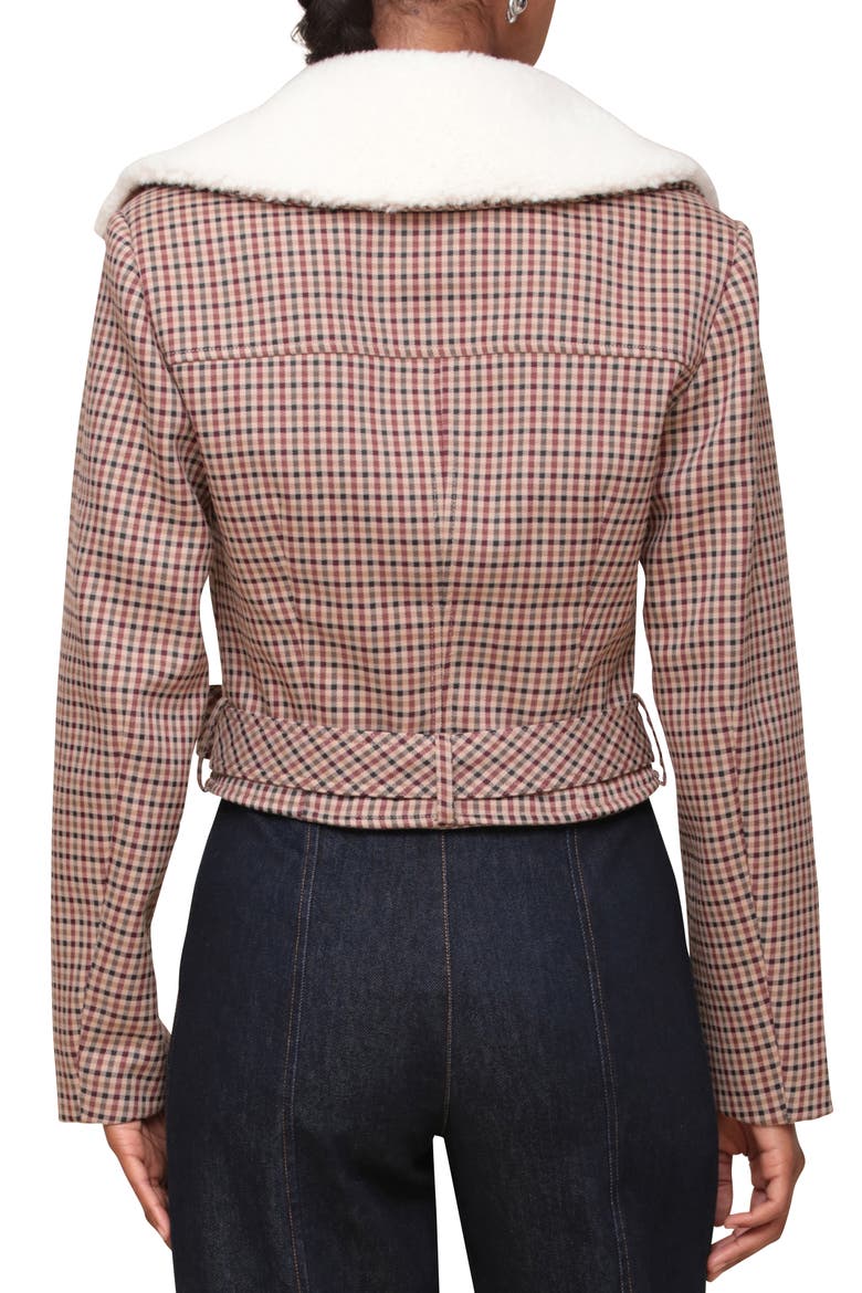 Padded Shoulder Belted Faux Shearling Collar Crop Jacket, Alternate, color, BROWN/ BURGUNDY PLAID