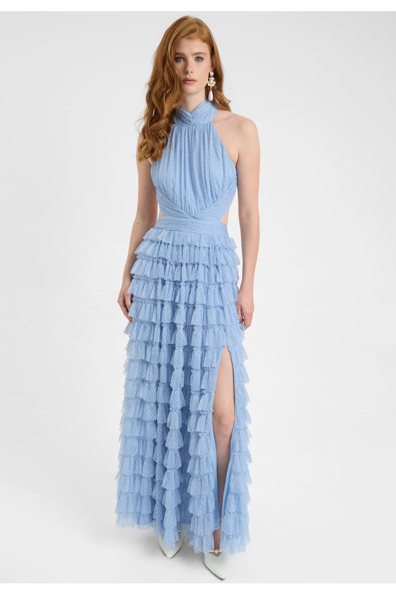 Ruffle Maxi Dress With halter Neck, Alternate, color, POWDER BLUE