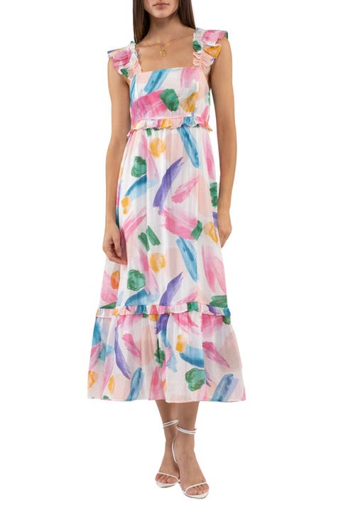 Brush Stroke Ruffle Midi Sundress