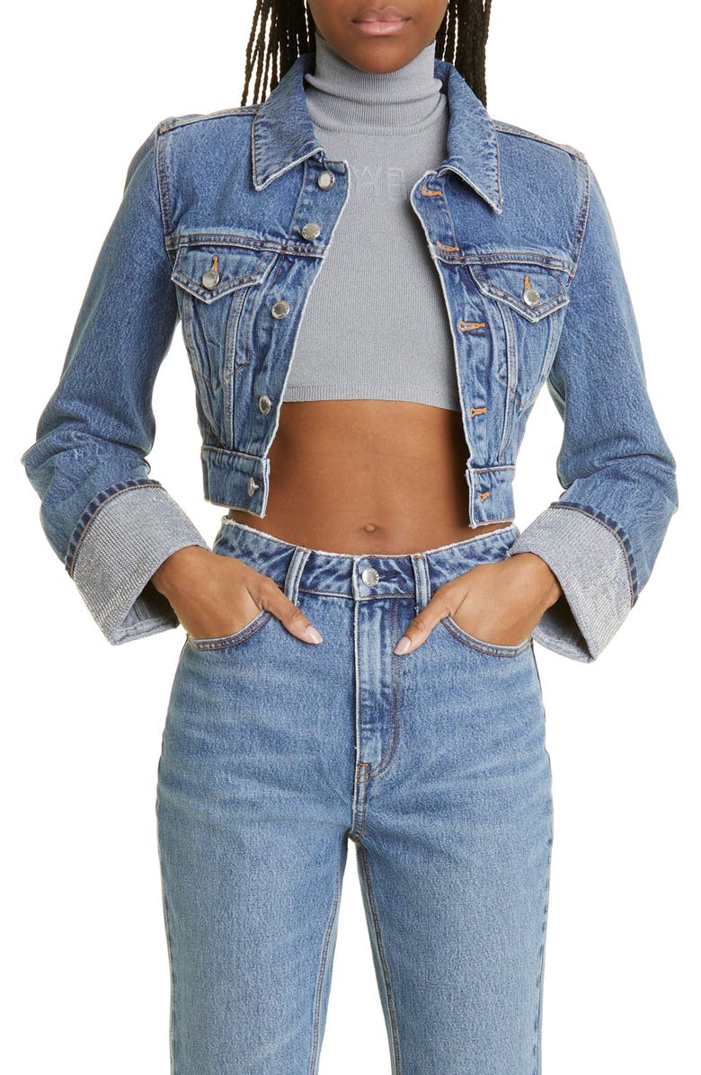 Alexander Wang Shrunken Crystal Cuff Denim Trucker Jacket | Nordstrom