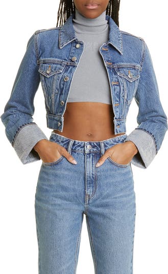 Alexander Wang Shrunken Crystal Cuff Denim Trucker Jacket | Nordstrom